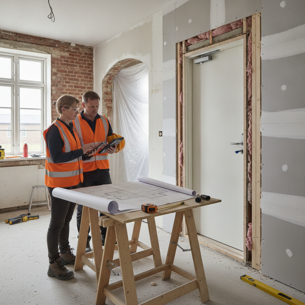 brandrådgiver, brandrådgivning, brandsikring, brandklasse, br18, byggetilladelse, dokumentation, brandplan, kontrolplan, byggeprojekt, ombygning, renovering, indendørs, villa, murermestervilla, branddør, flugtvej, brandsektionering, gipsvæg, isolering, professionel, byggeplads, hus, bolig, håndværker
