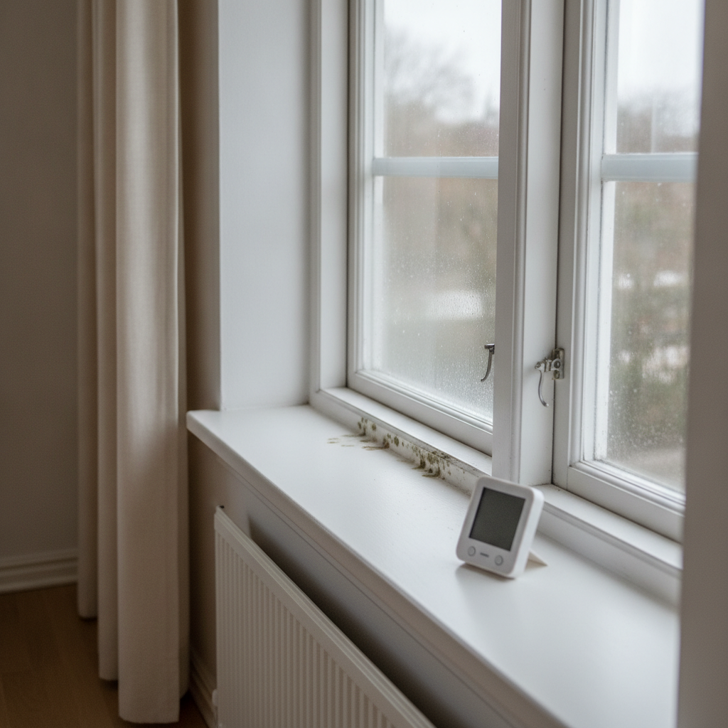 skimmelsvamp, cladosporium, fugt, kondens, indeklima, fugtproblem, vindueskarm, vinduesfals, yderhjørne, boliginspektion, dokumentation, foto dokumentation, fugtmåling, hygrometer, ventilation, vinter, parcelhus, indendørs, vækst, misfarvning, vedligeholdelse, renovering, hus, bolig, håndværker