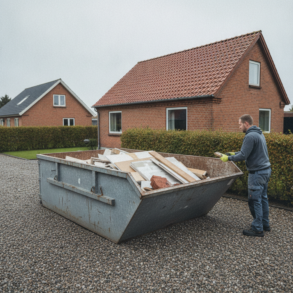 nedrivning, byggeaffald, container til byggeaffald, affaldscontainer, udendørs, indkørsel, parcelhus, dansk villakvarter, mursten, tegltag, byggeplads, renovering, oprydning, sortering, blandet byggeaffald, gips, træaffald, murbrokker, adgangsforhold, levering og afhentning, pris, tilbud, hus, bolig, håndværker