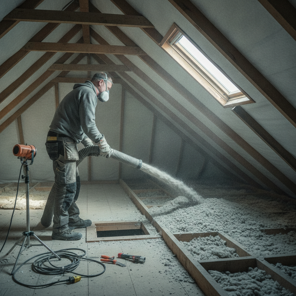 isolatør, efterisolering, papiruld, celluloseisolering, indblæsning, loftisolering, loft, indendørs, tagkonstruktion, hanebånd, træspær, loftlem, dansk villa, parcelhus, renovering, energiforbedring, fugt, brandkrav, isoleringsmateriale, professionel, byggeproces, hus, bolig, håndværker, pris, tilbud