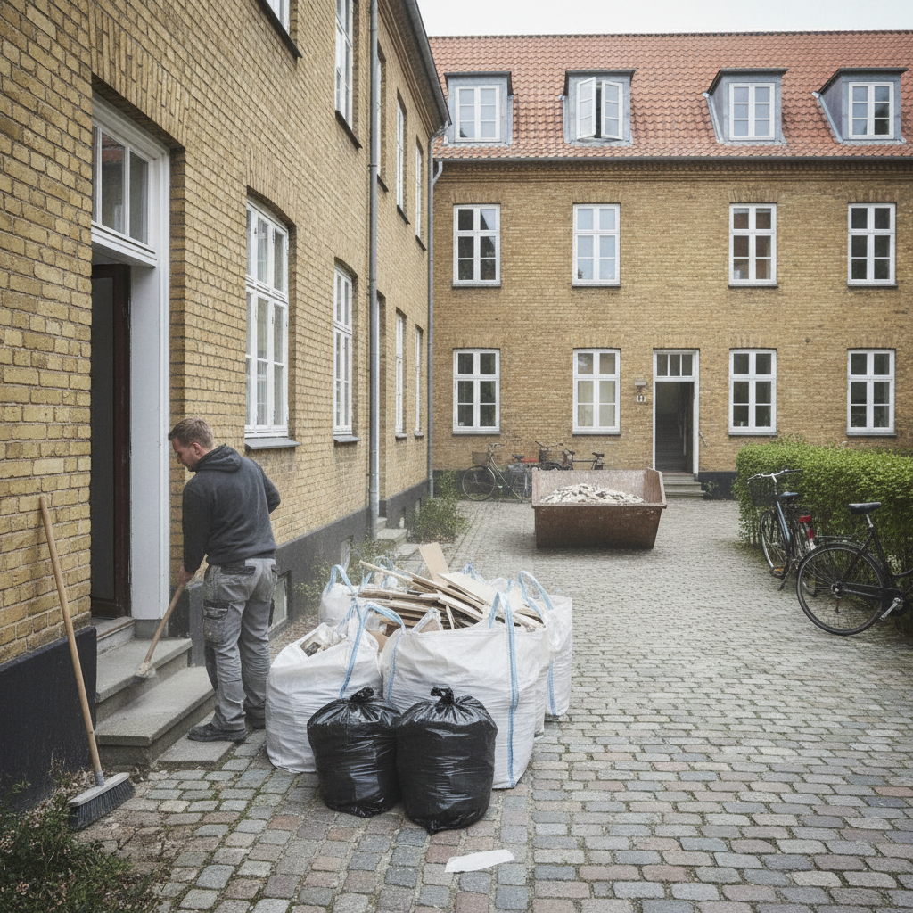 ejendomsservice, oprydning efter renovering, håndværkerrengøring, byggeaffald, affaldsbortkørsel, container, big bags, udendørs, fællesarealer, opgang, boligforening, lejlighed, gårdmiljø, mursten, byggestøv, sortering, renovering, vedligeholdelse, professionel, dansk by, hus, bolig, håndværker, pris, tilbud