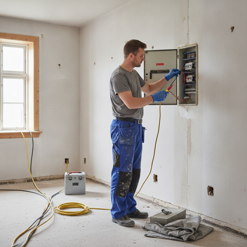 elektriker, elinstallationer, frakobling, afbrydning af strøm, sikkerhed, spændingsløshed, kontrolmåling, el-tavle, sikringsskab, midlertidig strøm, byggestrøm, renovering, nedrivning, indendørs, ældre hus, villa, parcelhus, ledninger, værktøj, dokumentation, professionel, byggeplads, hus, bolig, håndværker