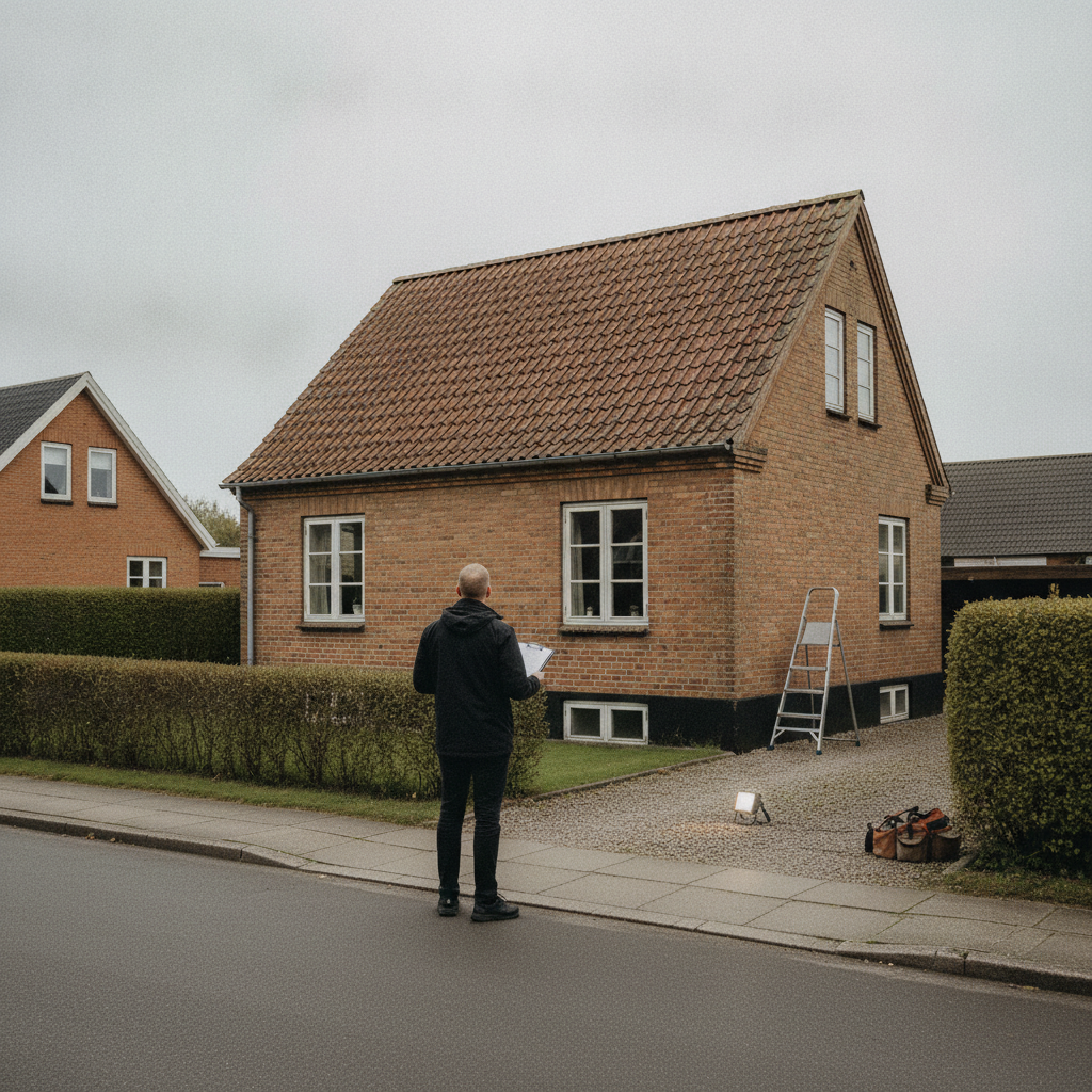energikonsulent, energimærke, husets tilstand, tilstandsrapport, elinstallationsrapport, boligvurdering, energirenovering, renovering, totalrenovering, nedrivning, udendørs, parcelhus, dansk forstad, mursten, røde tagsten, gamle vinduer, facade, tag, inspektion, beslutning, professionel rådgivning, hus, bolig, håndværker, pris, tilbud