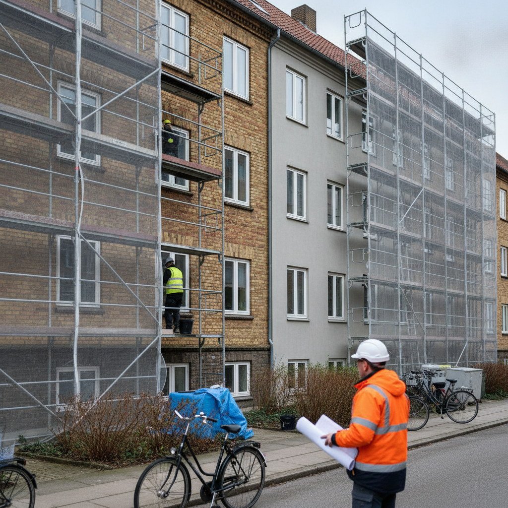 murer, energirenovering, facaderenovering, efterisolering, vinduesudskiftning, udendørs, etageejendom, boligforening, mursten, stillads, byggeplads, håndværkere, byggetilsyn, rådgiver, beboerhensyn, bymiljø, renovering, energibesparelse, klimaskærm, dansk byggeri, projektstyring, hus, bolig, håndværker