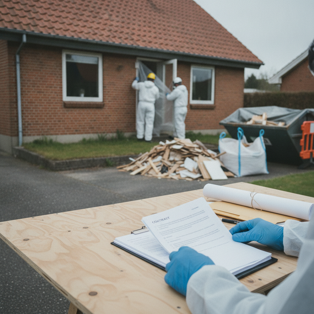 nedrivningsfirma, sanering, entreprisegaranti, kontrakt, tilbud, dokumentation, affaldshåndtering, asbest, pcb, byggeaffald, udendørs, byggeplads, parcelhus, mursten, tagsten, værnemidler, sikkerhed, arbejdshandsker, plastikafdækning, skurvogn, renovering, vedligeholdelse, hus, bolig, håndværker