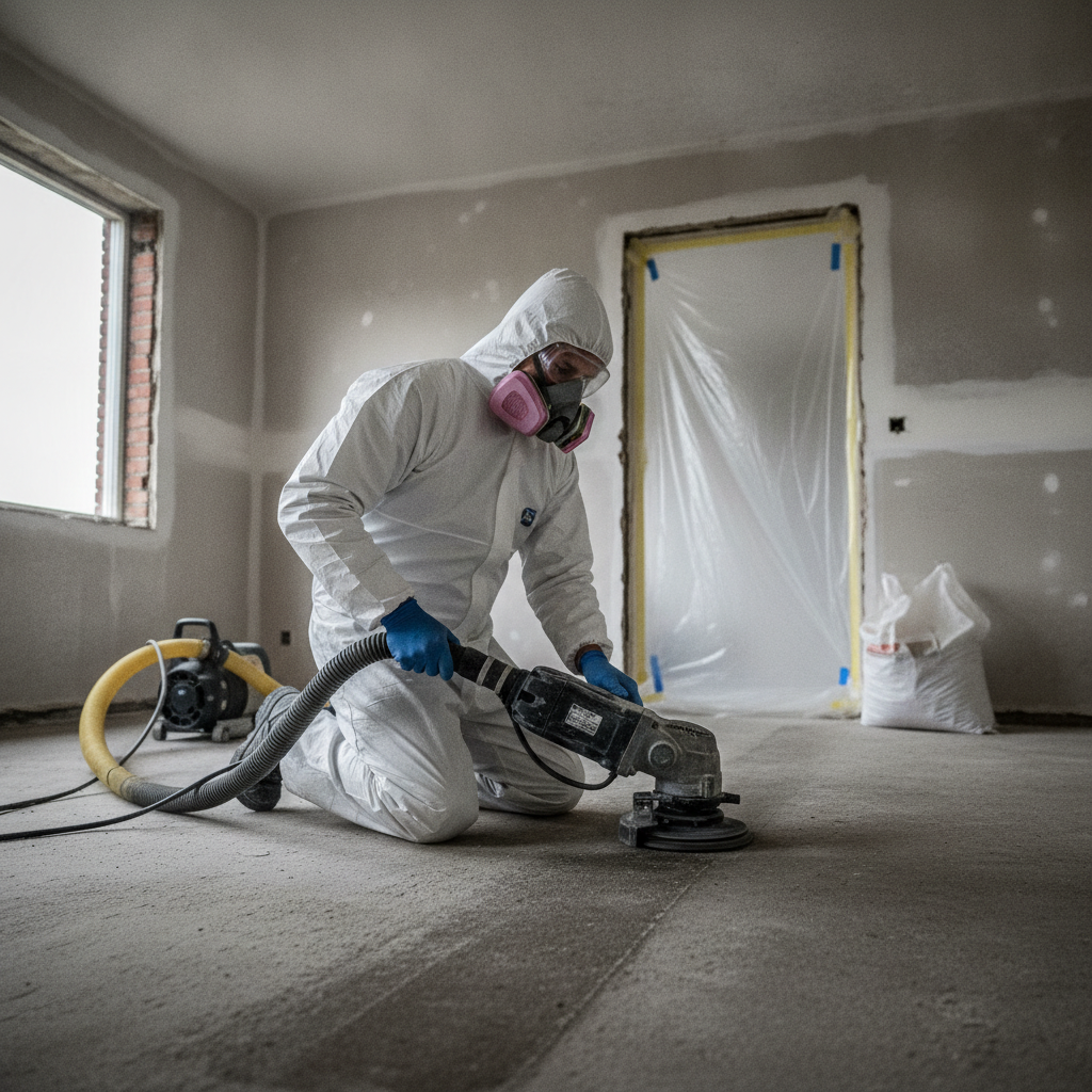 nedriver, sanering, epoxy, isocyanater, pu-skum, kemisk risikovurdering, værnemidler, åndedrætsværn, beskyttelsesdragt, handsker, støvudsugning, ventilation, indendørs, renovering, nedrivning, gulvslibning, gulvcoating, afskærmning, byggeplads, ældre hus, arbejdsmiljø, hus, bolig, håndværker