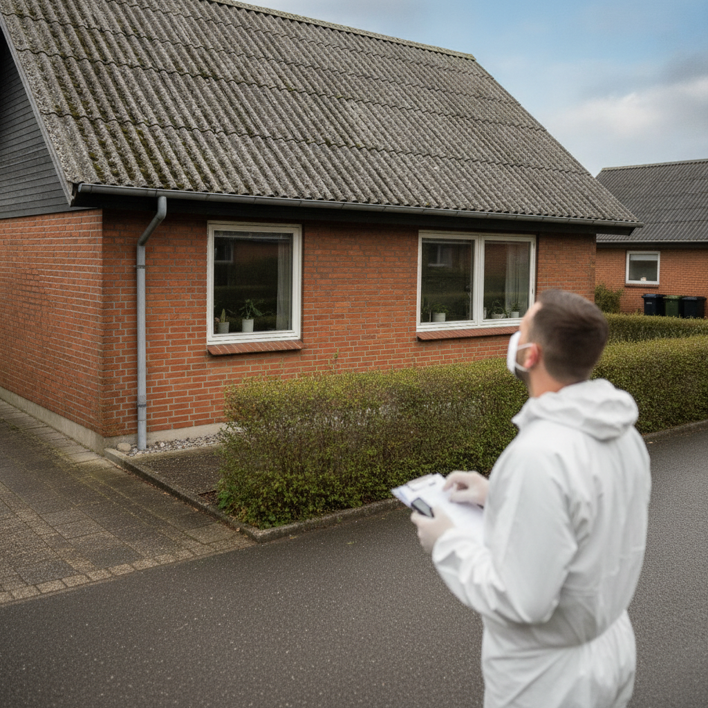 tagdækker, asbesttag, eternittag, bølgeeternit, tagplader, taginspektion, risikovurdering, udendørs, parcelhus, dansk forstad, mursten, gråt tag, mos på tag, besigtigelse, sikkerhed, værnemidler, renovering, vedligeholdelse, asbesttest, laboratorieanalyse, pris, tilbud, hus, bolig, håndværker