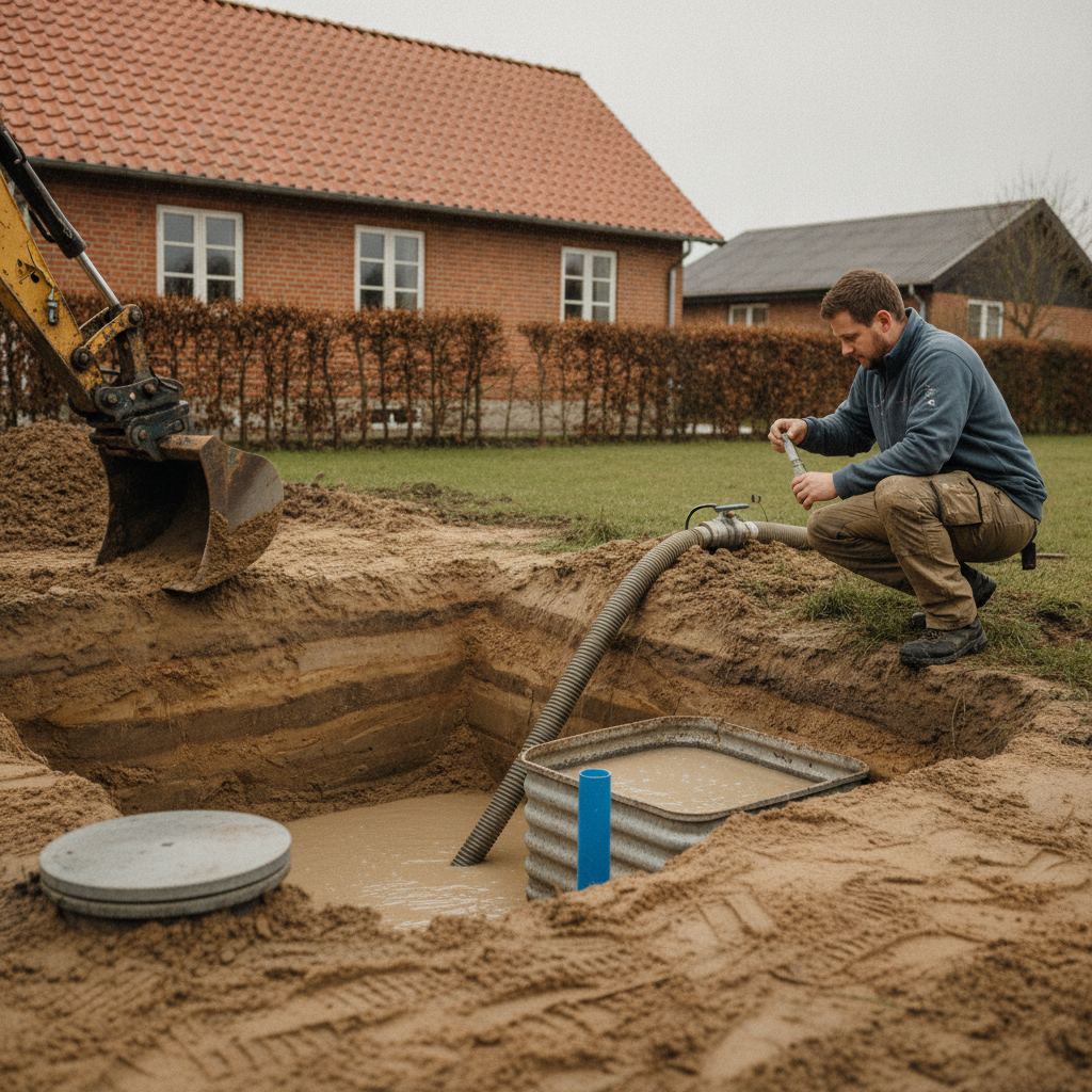 entreprenør, jordarbejde, udgravning, grundvand, drikkevand, vandprøve, jordprøve, prøvetagning, miljøscreening, forurenet jord, byggeplads, udendørs, villa, parcelhus, mursten, røde tagsten, pumpe, drænslange, våd byggegrube, rådgivning, myndighedskrav, dokumentation, vedligeholdelse, hus, bolig, håndværker