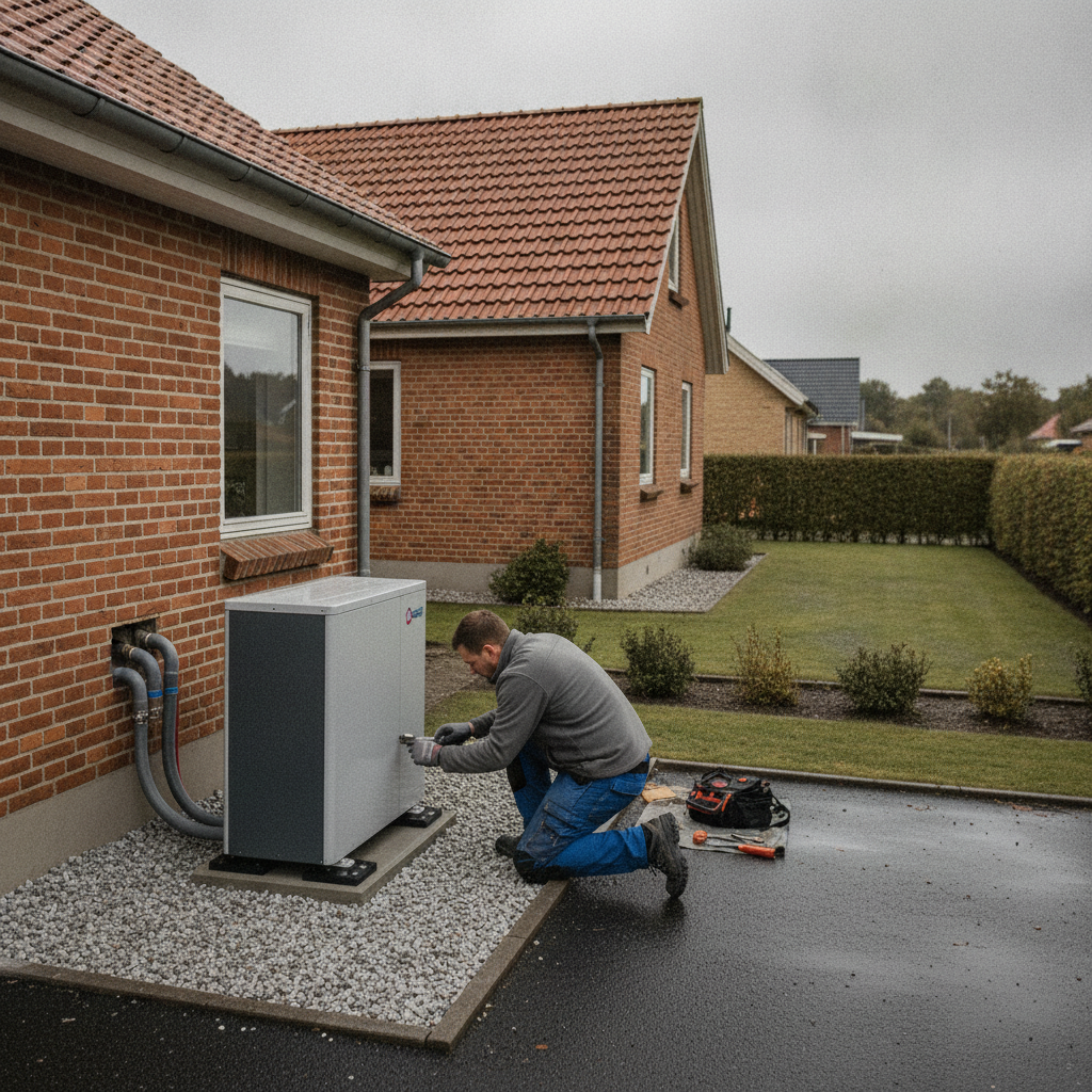vvs, varmepumpe, luft-til-vand, udedel, installation, udendørs, parcelhus, mursten, rødt tegltag, energirenovering, isolering, radiatorer, elinstallation, fjernvarme, tilskud, dimensionering, serviceadgang, dansk villavej, professionel, byggeprojekt, vedligeholdelse, hus, bolig, håndværker, pris, tilbud
