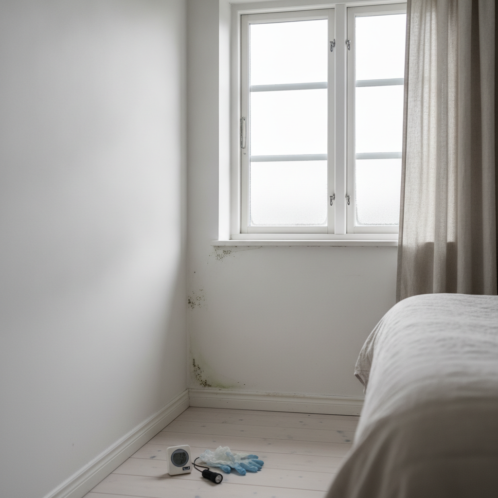 skimmelsanering, skimmelsvamp, fugt, fugtskade, indeklima, kondens, ventilation, soveværelse, indendørs, parcelhus, dansk hjem, ydervæg, vindue, væg, maling, fodliste, hygrometer, undersøgelse, sundhedsrisiko, symptomer, vedligeholdelse, bolig, hus, håndværker