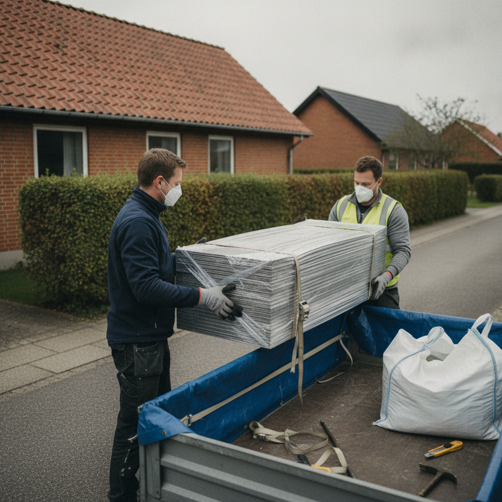nedrivning, eternitplader, fibercement, asbestfri, identifikation, dokumentation, emballering, bortskaffelse, genbrugsplads, byggeaffald, affaldssortering, trailer, bigbag, plastindpakning, sikkerhed, støvmaske, handsker, udendørs, parcelhus, mursten, tagplader, renovering, pris, tilbud, hus, bolig, håndværker
