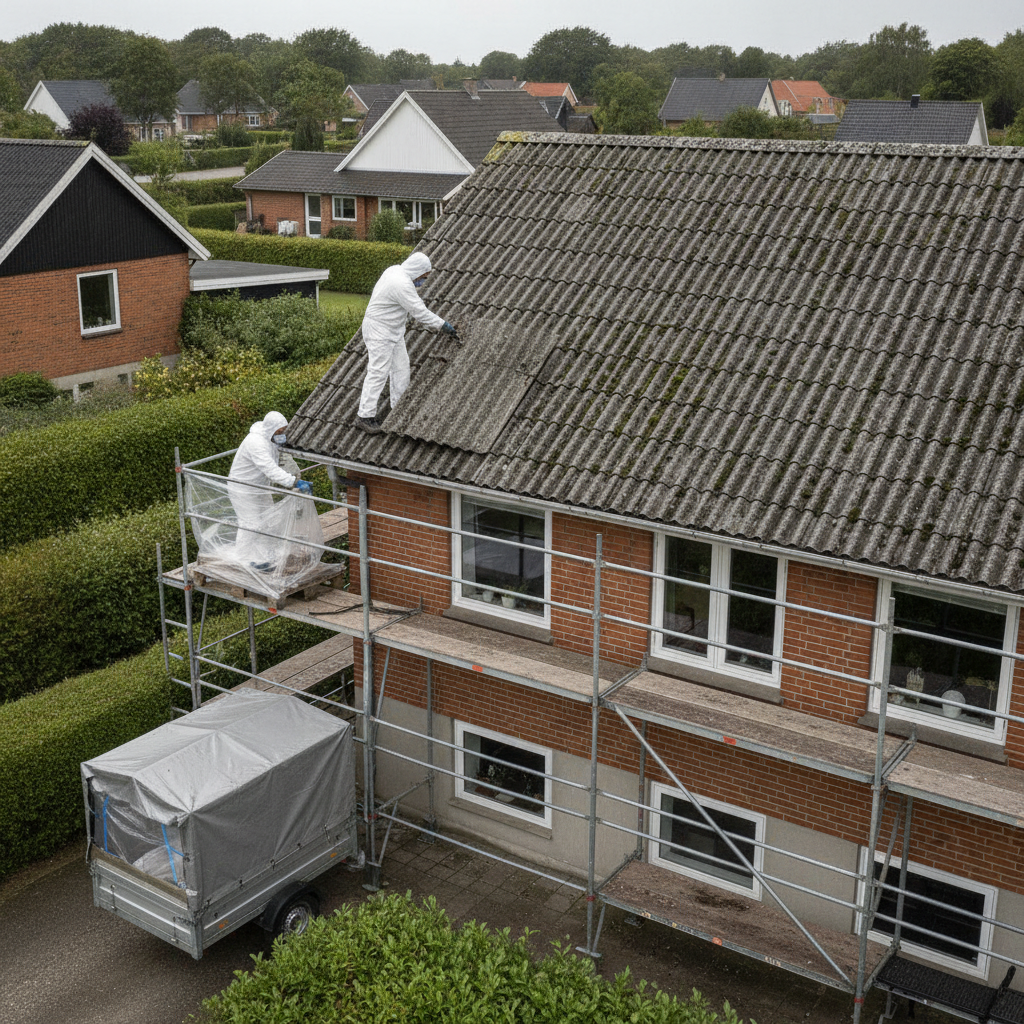 tagdækker, asbestsanering, eternittag, bølgeeternit, nedtagning af tag, asbest, regler 2025, sikkerhed, udendørs, parcelhus, 1970er hus, stillads, værnemidler, plastindpakning, bortskaffelse, affaldshåndtering, mos og alger, tagrenovering, tagudskiftning, professionel, byggeplads, pris, tilbud, hus, bolig, håndværker
