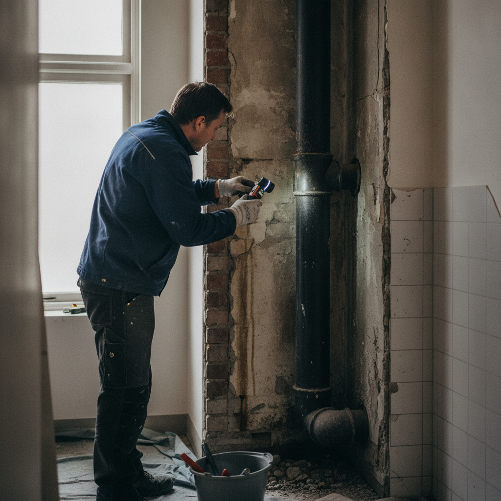 vvs, faldstamme, faldstammer, faldstammeskift, faldstammerenovering, relining, strømpeforing, tv-inspektion, afløbsrør, støbejernsrør, rørskakt, etageejendom, lejlighed, indendørs, badeværelse, renovering, udskiftning, fugt, vandskade, byggeplads, professionel, pris, tilbud, hus, bolig, håndværker