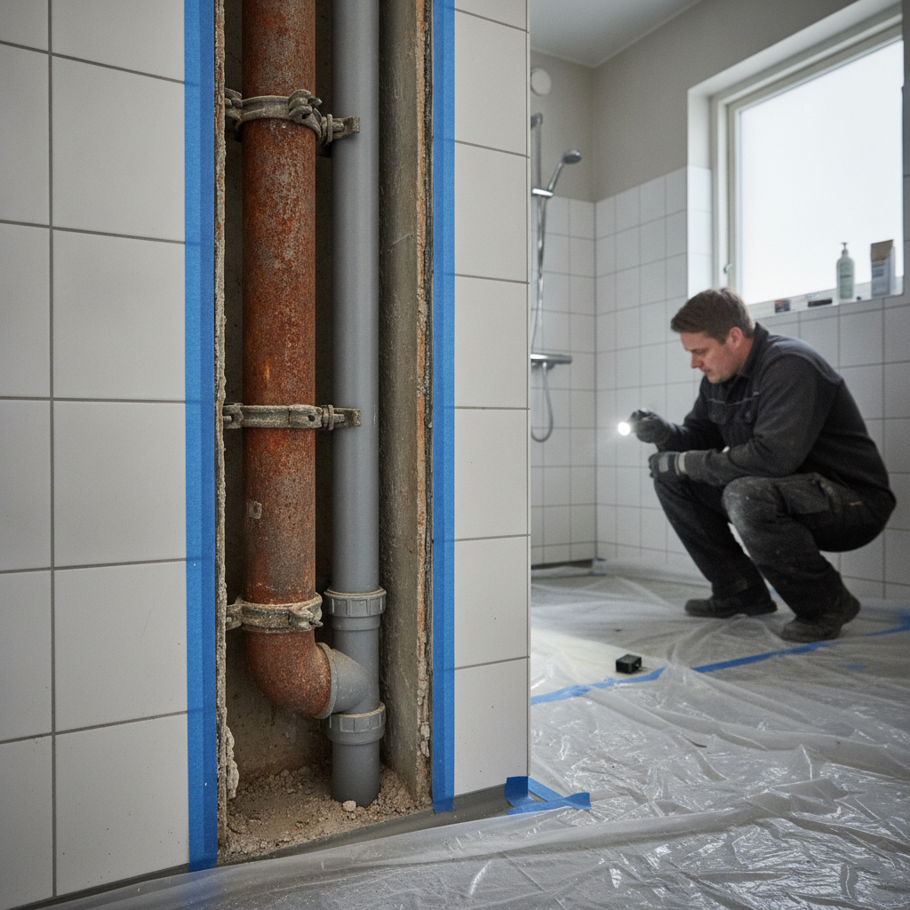 vvs, faldstammerenovering, faldstamme, afløbsrør, relining, strømpeforing, rørudskiftning, badeværelse, indendørs, etageejendom, lejlighed, teknikskakt, støbejernsrør, pvc-rør, renovering, byggeplads, støvafdækning, tv-inspektion, rørarbejde, professionel, pris, tilbud, hus, bolig, håndværker