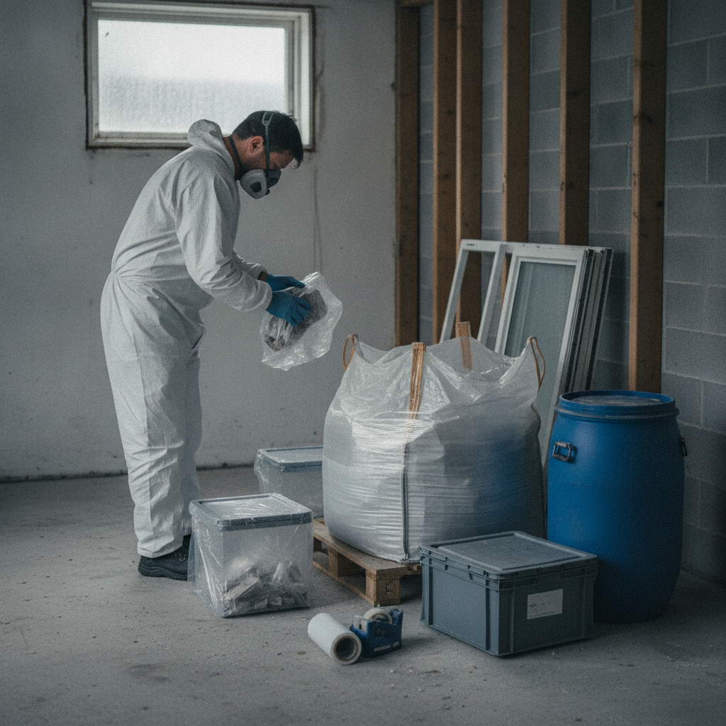 nedriver, farligt affald, byggeaffald, sortering, emballering, aflevering, indendørs, garage, bryggers, parcelhus, renovering, nedrivning, miljøsanering, asbest, pcb, kemikalier, bigbag, plastfolie, tønde, container, arbejdsmiljø, sikkerhed, hus, bolig, håndværker
