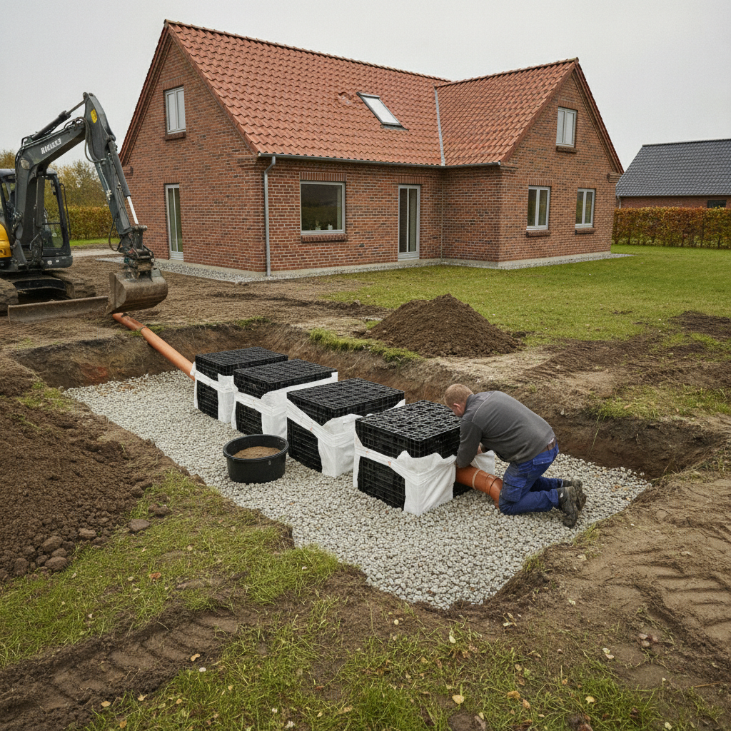 kloakmester, faskine, regnvand, nedsivning, lar, tagvand, dimensionering, afstandskrav, nedsivningstest, sandfang, dræn, geotekstil, faskinekassetter, gravearbejde, udendørs, nybyg, byggeplads, parcelhus, have, jordbund, grundvand, pris, tilbud, hus, bolig, håndværker