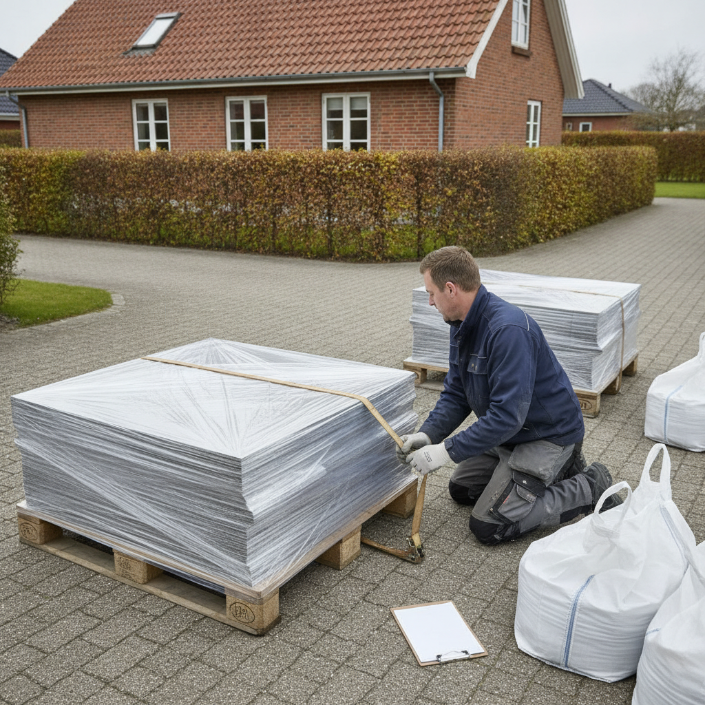 nedriver, byggeaffald, fibercementplader, eternitplader, asbestfri, sortering, bortskaffelse, emballering, palle, big bag, plastfolie, trailer, udendørs, parcelhus, indkørsel, renovering, nedrivning, dokumentation, affaldsfraktioner, deponi, professionel, sikkerhed, hus, bolig, håndværker