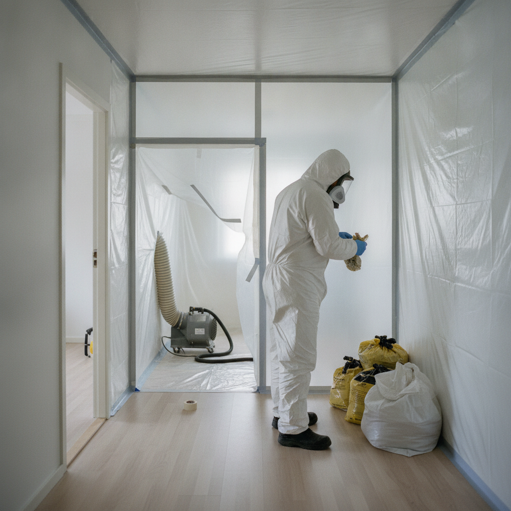nedriver, asbestsanering, miljøsanering, afskærmning, plastinddækning, sluse, zoner, undertryk, støvtæt inddækning, indendørs, renovering, byggeplads, parcelhus, dansk hjem, værnemidler, åndedrætsværn, hepa-støvsuger, affaldshåndtering, dobbeltemballering, bigbag, farligt affald, sikkerhed, hus, bolig, håndværker