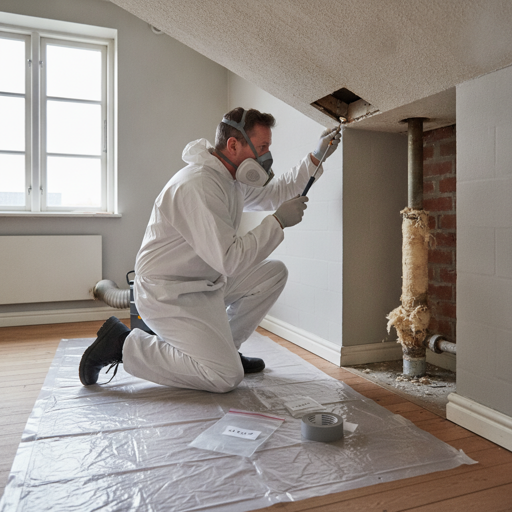 asbestsanering, miljøscreening, forundersøgelse, asbestprøve, prøvetagning, rapport, regler, sikkerhed, værnemidler, maske, beskyttelsesdragt, indendørs, renovering, nedrivning, ældre hus, parcelhus, loftsplader, rørisolering, afdækning, støvkontrol, professionel, hus, bolig, håndværker, pris, tilbud