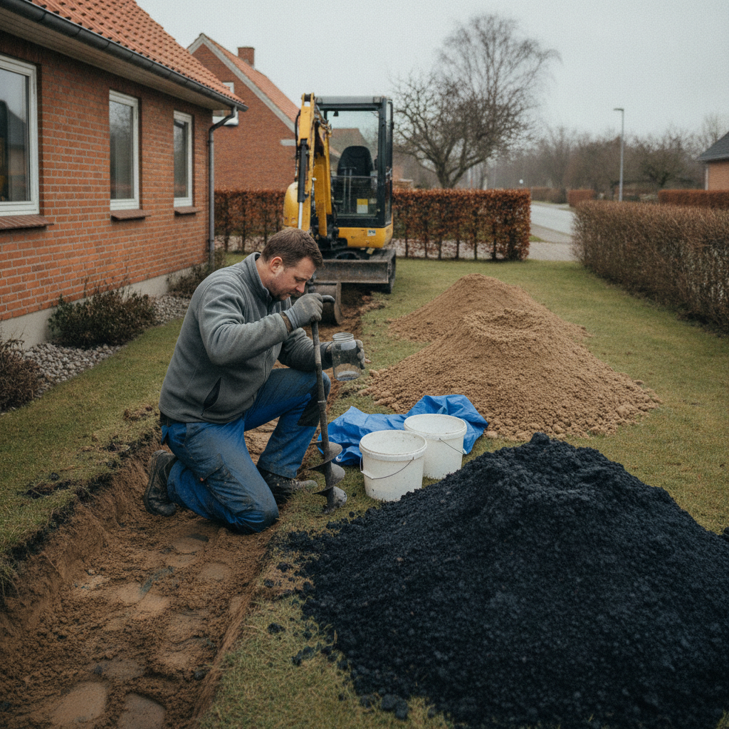 entreprenør, jordforurening, forurenet jord, jordprøver, prøvetagning, jordflytning, anmeldelse, v1, v2, områdeklassificering, udendørs, byggeplads, udgravning, jordbunke, adskillelse af jord, maskinarbejde, gravemaskine, parcelhus, mursten, have, dokumentation, renovering, pris, tilbud, hus, bolig, håndværker