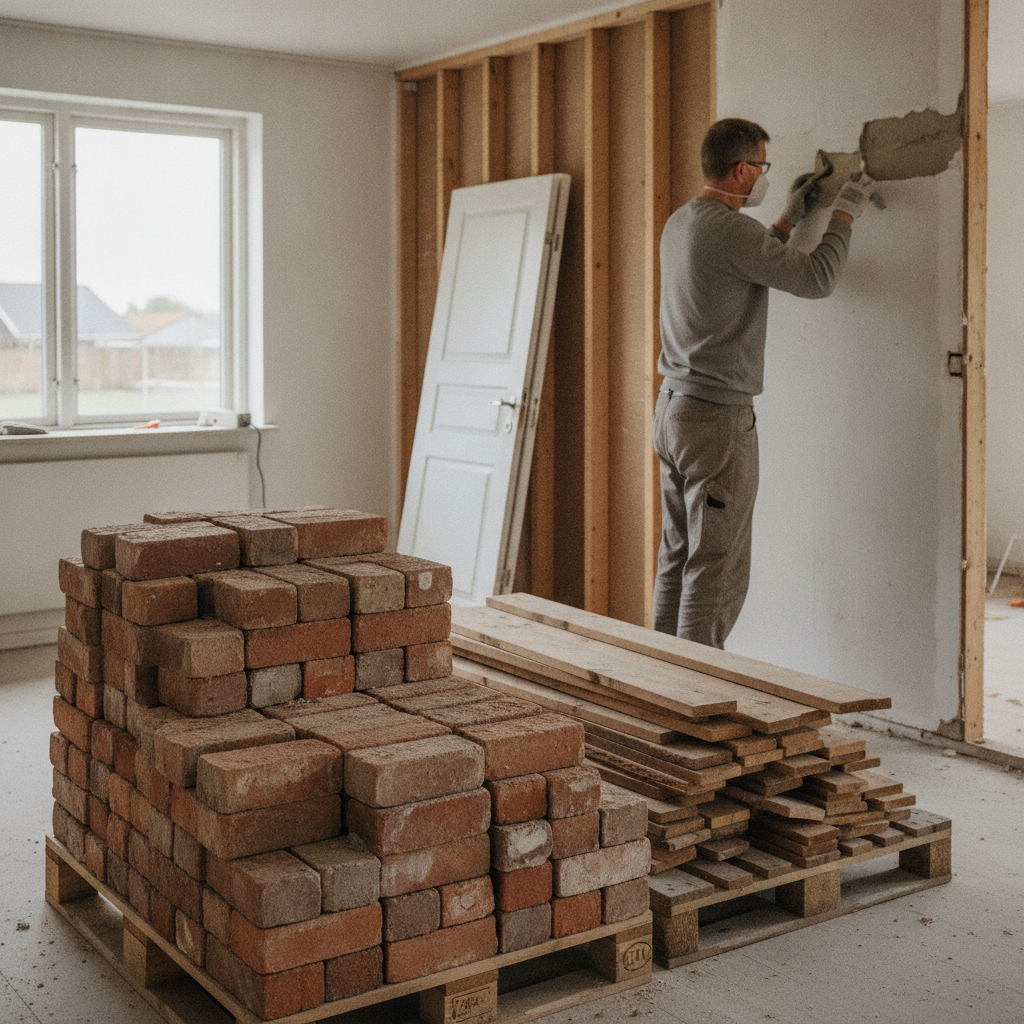 nedriver, selektiv nedrivning, genbrug af byggematerialer, materialegenbrug, sortering af byggeaffald, affaldshåndtering, miljøscreening, dokumentation, renovering indendørs, parcelhus, dansk bolig, mursten, træ, gulvbrædder, døre, paller, støvmaske, nedrivningsværktøj, byggeplads, bæredygtigt byggeri, cirkulært byggeri, hus, bolig, håndværker