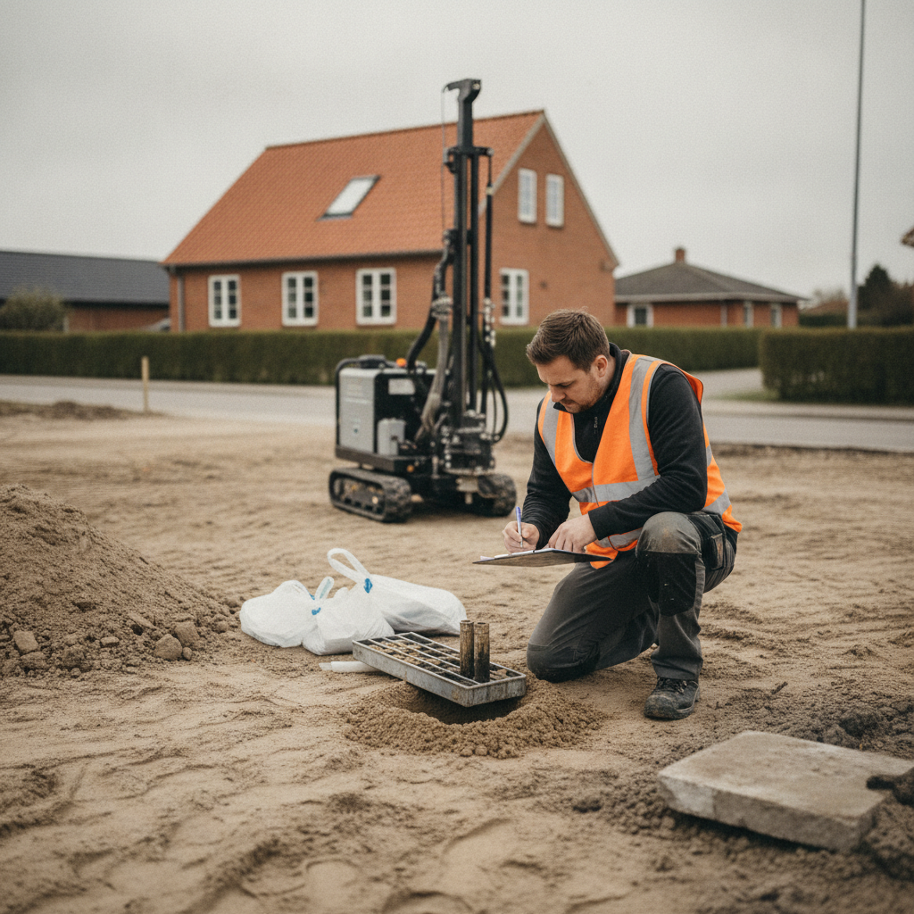 ingeniør, geoteknik, geoteknisk rapport, jordbundsundersøgelse, boring, boreprøve, jordprøver, fyldjord, fundamentrester, grundvand, fundering, pælefundering, udgravning, byggegrund, nedrivning, udendørs, parcelhus, dansk forstad, byggeplads, professionel, renovering, nybyg, hus, bolig, håndværker