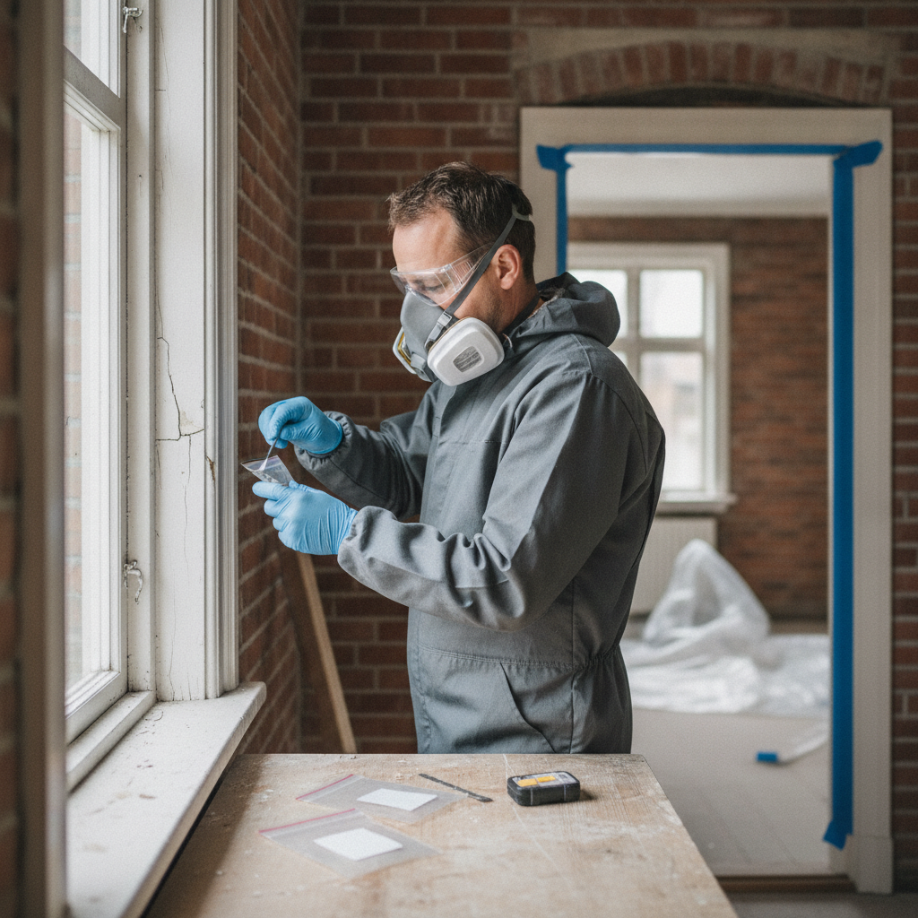 nedriver, miljøscreening, prøvetagning, pcb, asbest, bly, giftstoffer, genbrugte byggematerialer, selektiv nedrivning, renovering, indendørs, villa, mursten, vindue, fugemasse, afdækning, støv, arbejdsmiljø, ppe, sikkerhed, byggeaffald, hus, bolig, håndværker