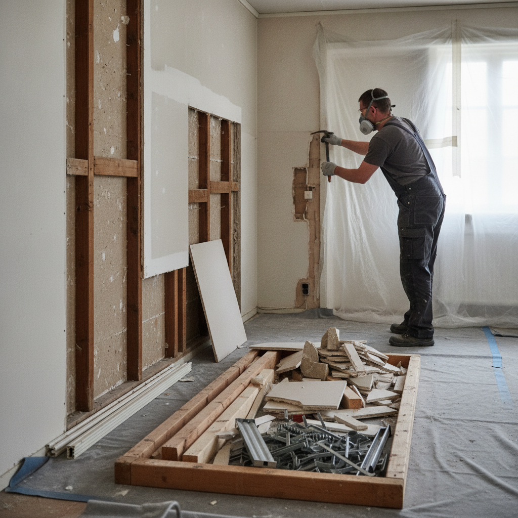 nedriver, nedrivning af hus, gør-det-selv, indendørs, selektiv nedrivning, renovering, sikkerhed, støvmaske, værnemidler, afdækning, sortering af byggeaffald, byggeaffald, ældre hus, villa, parcelhus, gipsplader, træ, elinstallationer, miljøscreening, asbest, pcb, regler, hus, bolig, håndværker