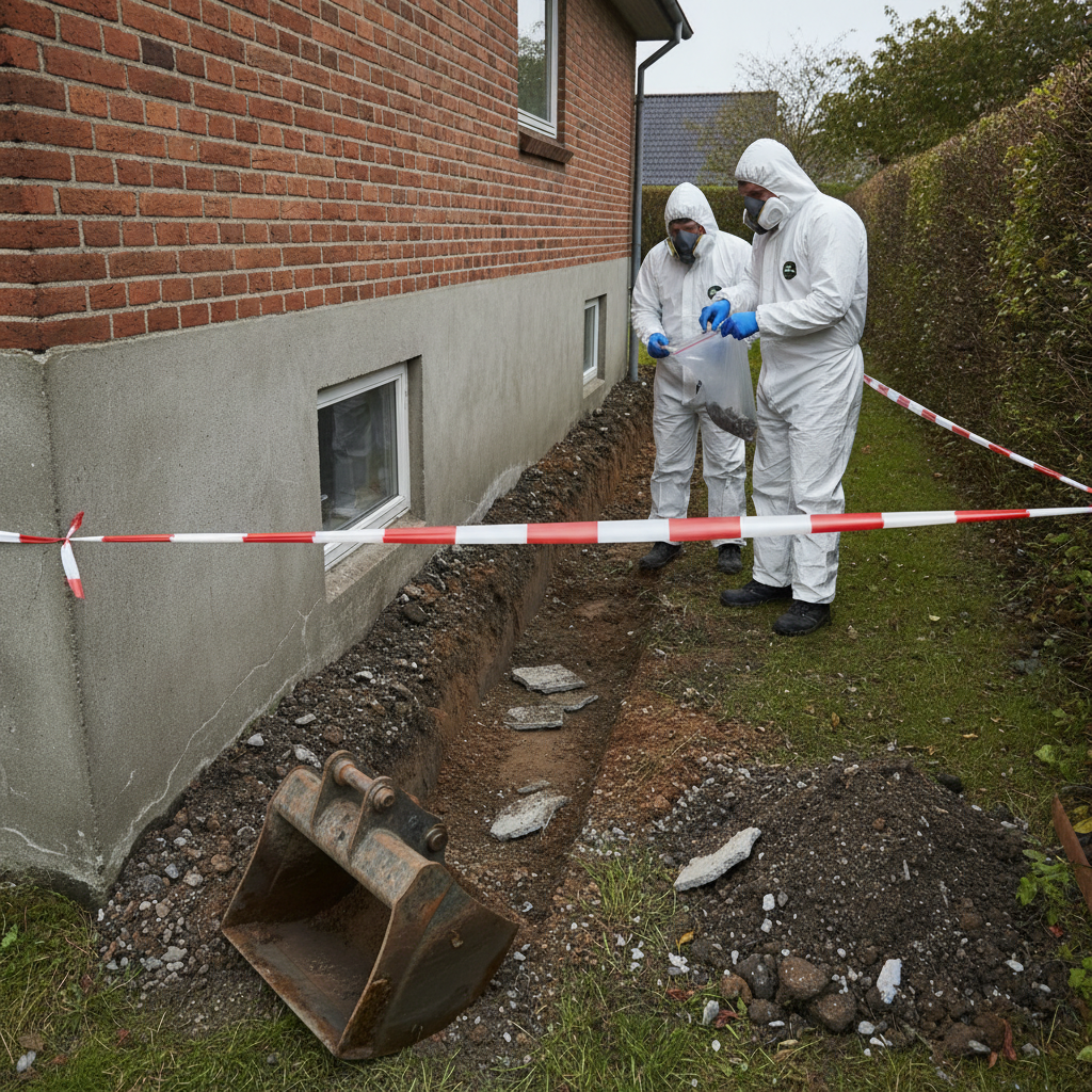 entreprenør, gravearbejde, asbest, asbestmistanke, jordprøve, fyldjord, prøvetagning, sikkerhed, værnemidler, p3 maske, afspærring, udendørs, ældre hus, villa, mursten, sokkel, fundament, dræn, udgravning, byggeplads, renovering, dokumentation, hus, bolig, håndværker