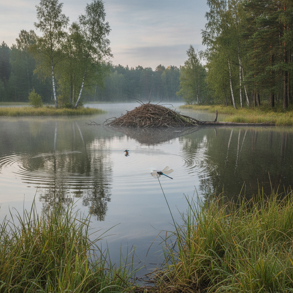 natur, dyreliv, sø, vand, siv, morgendis, nordisk lys, dansk natur, skov, bæver, isfugl, guldsmed, rolig stemning, poetisk, familie, børn, film, animationsfilm, visuel stil, naturens kredsløb, dokumentarisk udtryk, hus, bolig, håndværker