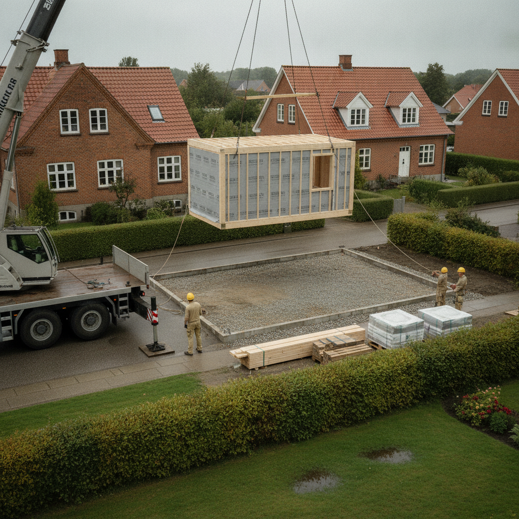 tømrer, modulhus, helårshus, montage, prefab, nybyggeri, udendørs, byggegrund, parcelhus, villa, kran, lastbil, fundament, fundering, byggemodning, nedrivning, byggeplads, tilslutninger, jordarbejde, lokalplan, byggetilladelse, professionel, hus, bolig, håndværker