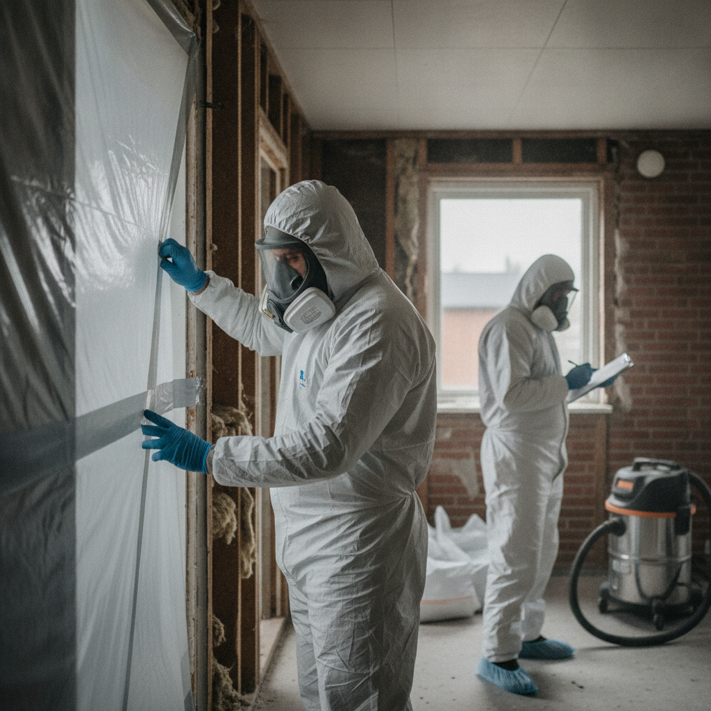 nedrivning, asbest, asbestsanering, arbejdsmiljø, helbredsundersøgelse, regler, ansvar, dokumentation, ppe, åndedrætsværn, værnemidler, byggeplads, indendørs, renovering, dansk bolig, parcelhus, mursten, plastafdækning, afskærmning, hepa-støvsuger, sikkerhed, professionel, hus, bolig, håndværker