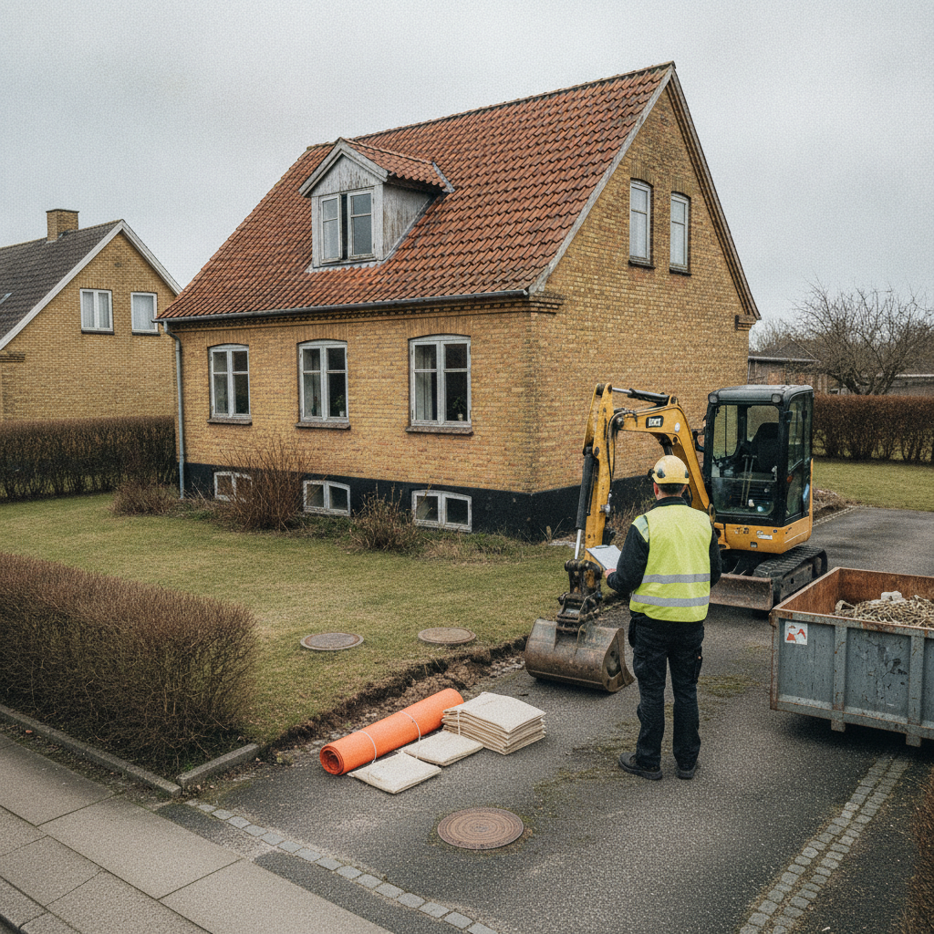 nedrivning, nedrivningsfirma, entreprenør, hus til nedrivning, nedrivningshus, udendørs, parcelhus, dansk parcelhus, mursten, tegltag, gravemaskine, byggeplads, oprydning, sortering af affald, miljøscreening, sanering, asbest, pcb, jordforurening, olietank, tilladelse, regler, pris, tilbud, hus, bolig, håndværker
