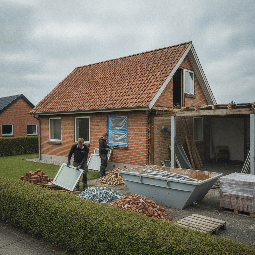 nedrivningsfirma, nedrivning, nedbrydning, selektiv nedrivning, miljøscreening, sanering, affaldssortering, byggeaffald, udendørs, parcelhus, bungalow, mursten, tegltag, vinduer, træ, metal, container, byggeplads, renovering, genbrug, asbest, regler, pris, tilbud, hus, bolig, håndværker
