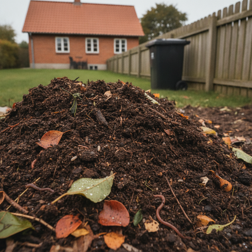 anlægsgartner, kompost, kompostering, nedbrydning, humus, muldjord, havejord, organisk materiale, blade, grene, regnorm, bænkebider, mikroorganismer, udendørs, have, parcelhus, dansk have, efterår, fugtig jord, naturligt lys, vedligeholdelse, hus, bolig, håndværker