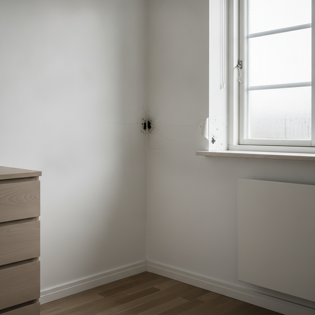 skimmelsvamp, indeklima, fugt, kondens, fugtskade, mug, skimmelpletter, væg, hjørne, vindue, vindueslysning, soveværelse, indendørs, parcelhus, dansk bolig, radiator, tapet, maling, gipsvæg, dårlig ventilation, forebyggelse, renovering, hus, bolig, håndværker
