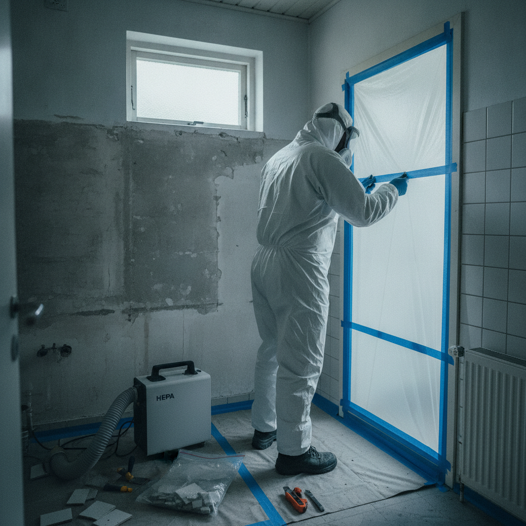 nedrivning, asbest, asbestsanering, asbestmistanke, sikkerhed, arbejdsmiljø, værnemidler, åndedrætsværn, beskyttelsesdragt, renovering, indendørs, badeværelse, ældre hus, dansk bolig, fliseklæb, fliser, støv, afskærmning, plastikafdækning, hepa, professionel, hus, bolig, håndværker