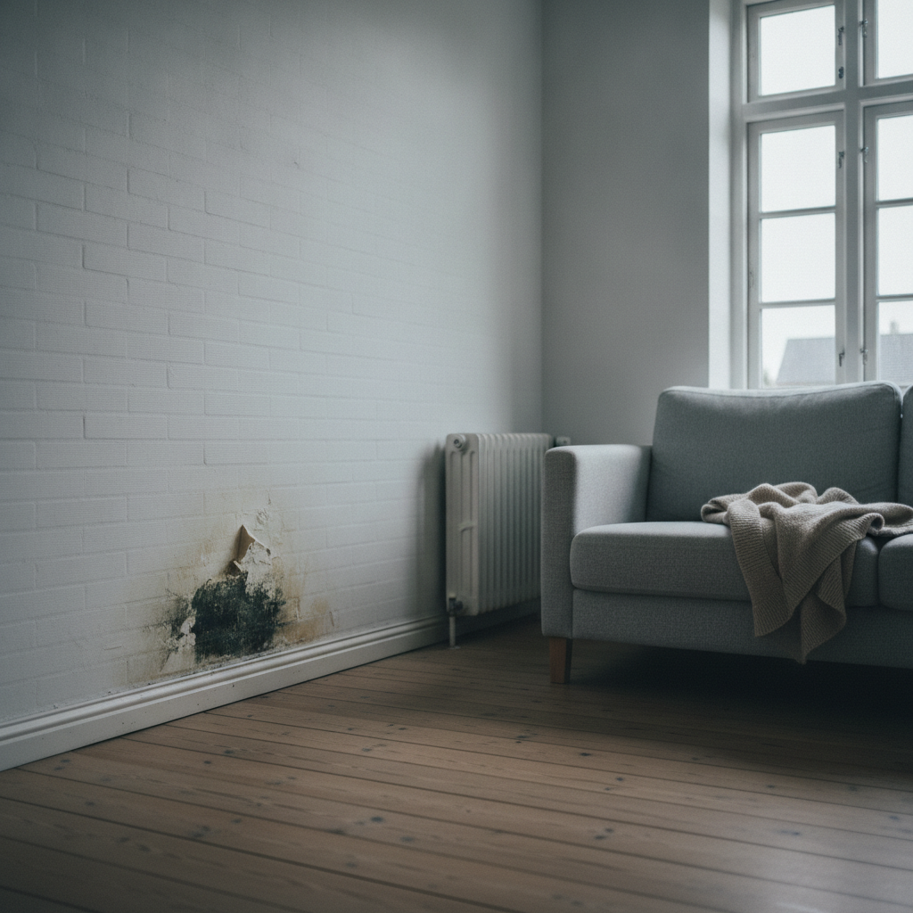 skimmelsvamp, fugt, kondens, ydervæg, bag møbler, sofa, væg, fodpanel, misfarvning, muglugt, boligindeklima, indendørs, stue, villa, parcelhus, murværk, tapet, maling, renovering, vedligeholdelse, dansk hjem, hus, bolig, håndværker