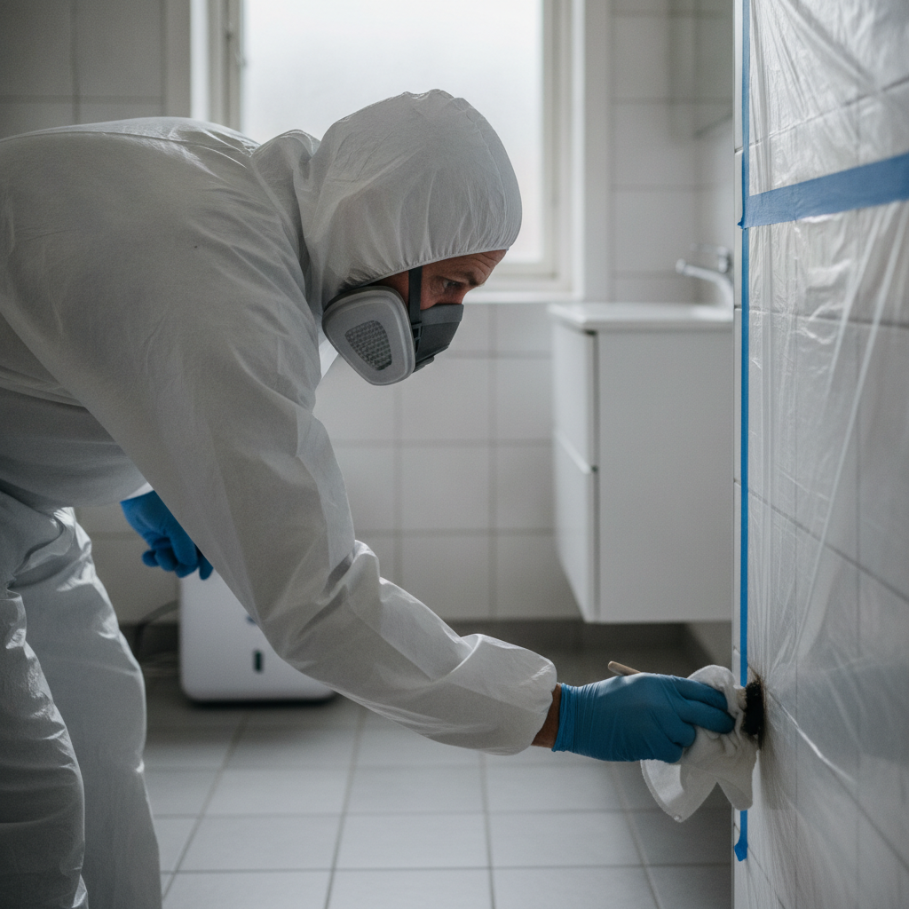 skimmelsanering, skimmelsvamp, skimmelfjernelse, rensning, udskiftning af materialer, fugt, ventilation, indeklima, badeværelse, indendørs, bruseniche, fliser, fuger, silikonefuge, beskyttelsesudstyr, åndedrætsværn, affugter, renovering, professionel, dansk hjem, lejlighed, hus, bolig, håndværker