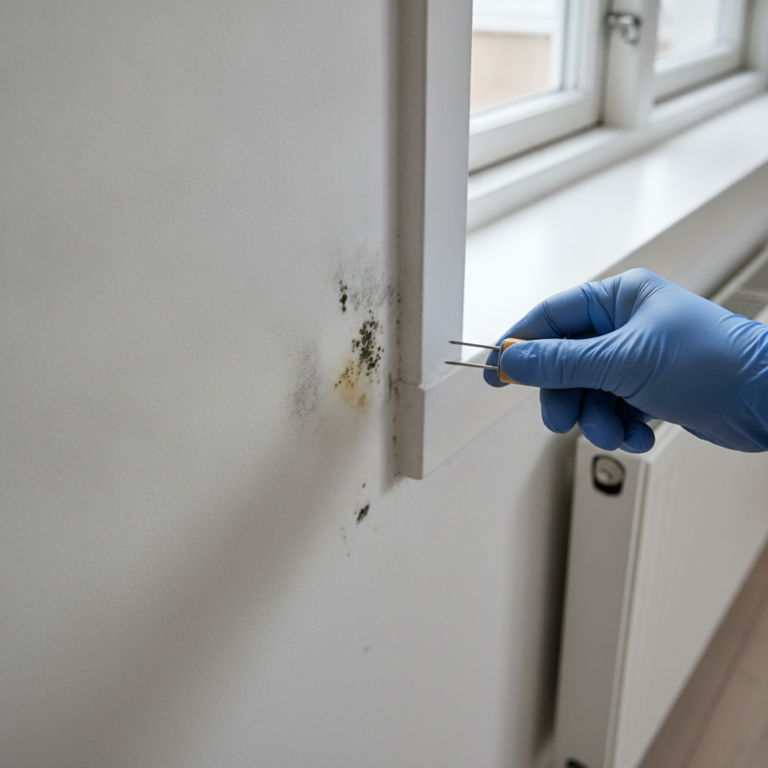 skimmelsvamp, skimmel, skimmelsvamp i bolig, skimmelsvamp på væg, fugt, fugtskade, kondens, kuldebro, indeklima, fugtmåling, fugtmåler, skimmeltest, bygningssagkyndig, rådgivning, inspektion, indendørs, vindue, ydervæg, malet væg, renovering, vedligeholdelse, hus, bolig, håndværker