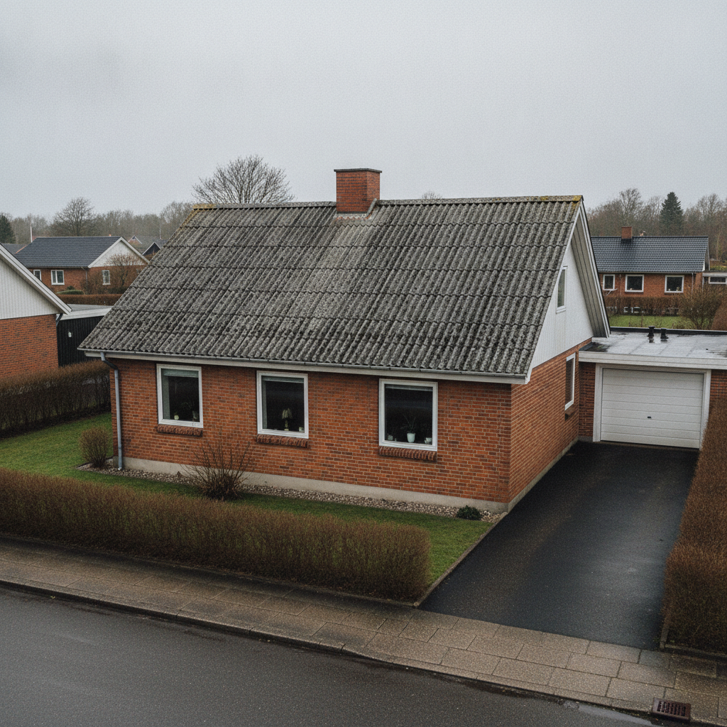 asbest, asbestforbud, tidslinje, eternittag, tagplader, fibercement, tag, udendørs, parcelhus, dansk forstad, mursten, tegltag naboer, 1970er hus, ældre hus, byggeår, renovering, vedligeholdelse, boligrådgivning, risiko, byggeri, taginspektion, hus, bolig, håndværker
