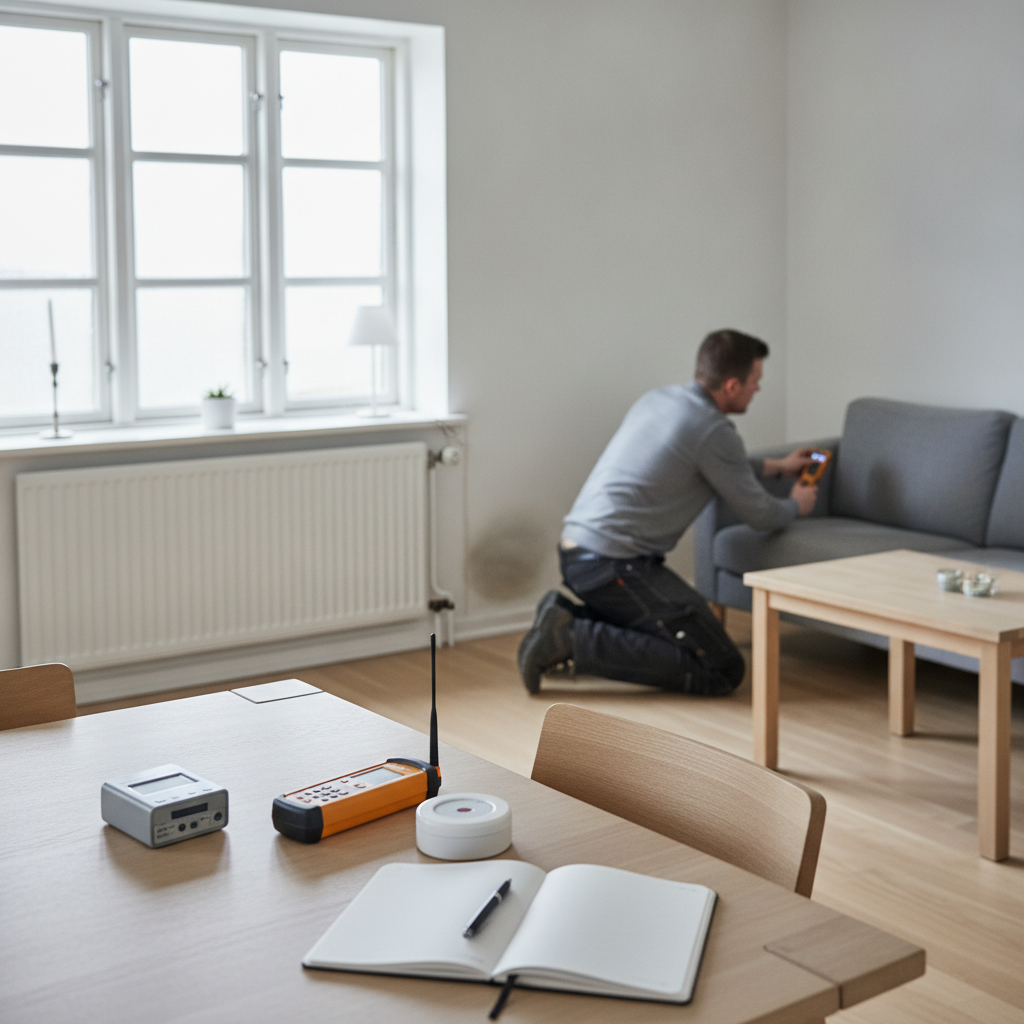 indeklima, indeklimamåling, måling, co2, luftfugtighed, fugtmåling, tvoc, voc, radon, skimmelmistanke, sanering, før sanering, indendørs, parcelhus, dansk hjem, stue, ventilation, datalogger, sensor, fugtmåler, bygningssagkyndig, professionel, hus, bolig, håndværker