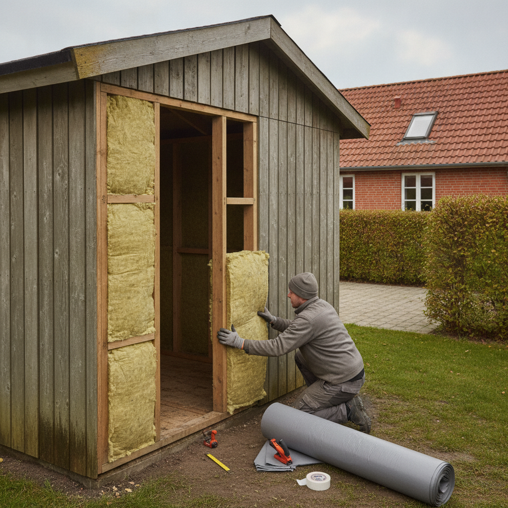 tømrer, isolering af skur, efterisolering, udendørs, skur, have, parcelhus, træskur, træskelet, mineraluld, dampspærre, dampbremse, ventilation, fugt, kondens, renovering, vedligeholdelse, byggeprojekt, værksted, tagpap, dansk villahave, professionel, hus, bolig, håndværker