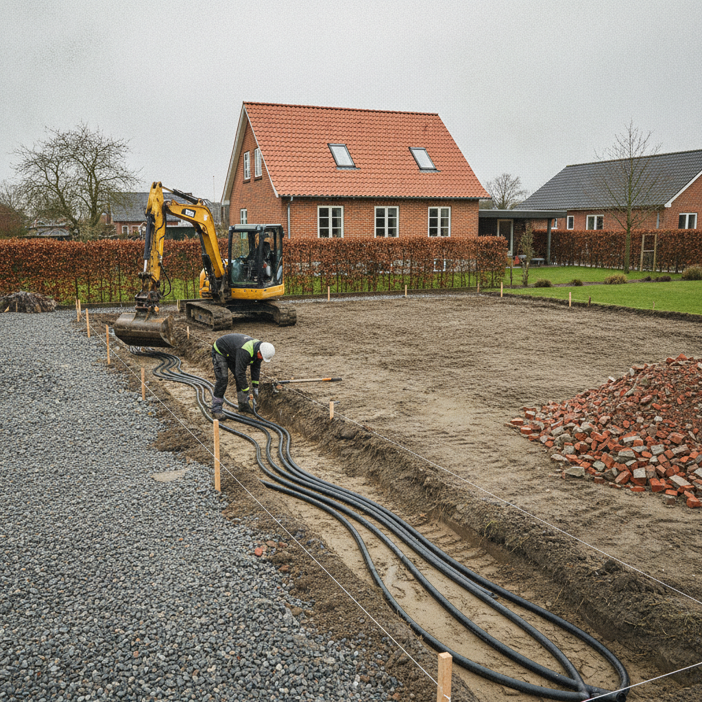vvs, jordvarme, jordvarmeanlæg, jordslange, gravearbejde, udendørs, grund, byggeplads, nybyg, nedrivning, parcelhus, dansk villakvarter, have, jordbund, lerjord, rør, varmepumpe, energirenovering, reetablering, myndighedskrav, pris, tilbud, hus, bolig, håndværker