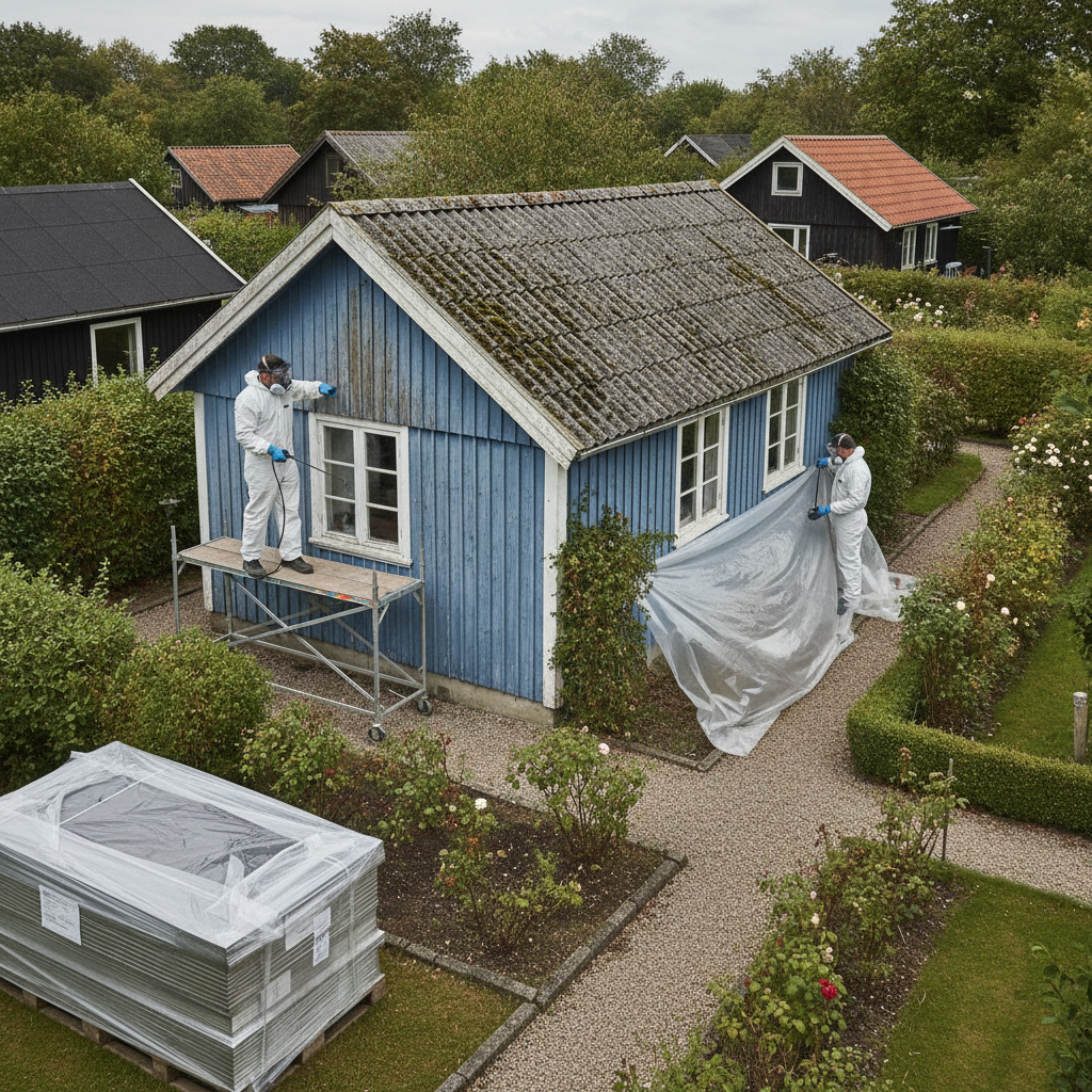 tagdækker, asbesttag, eternittag, bølgeeternit, fibercement, tagudskiftning, sanering, nedtagning, affaldshåndtering, sikkerhed, udendørs, kolonihavehus, kolonihave, stillads, plastafdækning, værnemidler, byggeplads, renovering, adgangsforhold, dansk lys, hus, bolig, håndværker, pris, tilbud