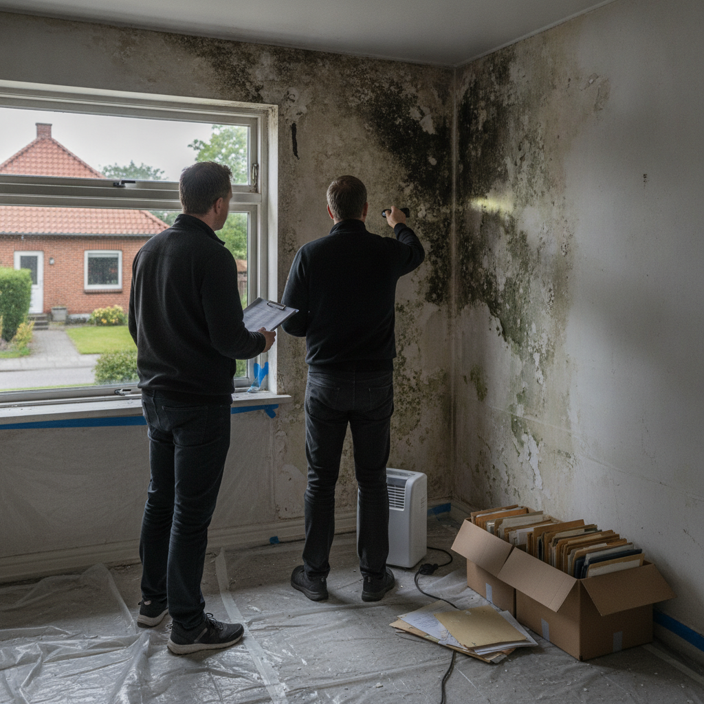 byggesagkyndig, kondemnering, boliginspektion, kommunal besigtigelse, dokumentation, skimmel, fugtskade, indeklima, beboelsesforbud, genhusning, renovering, indendørs, villa, mursten, vindue, affugtning, byggeplads, rapport, myndighedssag, sikkerhed, dansk bolig, hus, bolig, håndværker