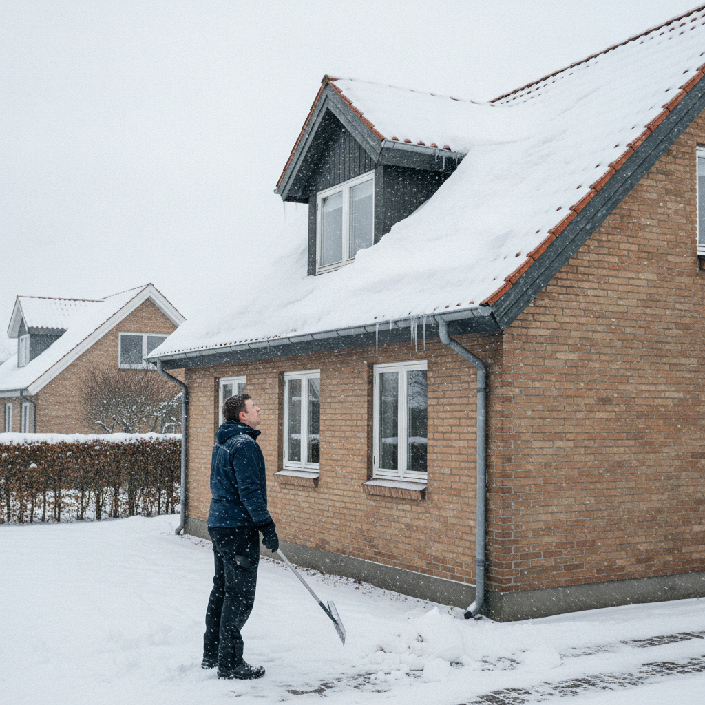 tagdækker, snetryk, kraftigt snevejr, snestorm, taginspektion, tagskade, tagrum, lækage, sikkerhed, udendørs, parcelhus, mursten, tegltag, tagrender, istapper, fygesne, vinter, smeltevand, skader, vedligeholdelse, akut hjælp, professionel vurdering, hus, bolig, håndværker