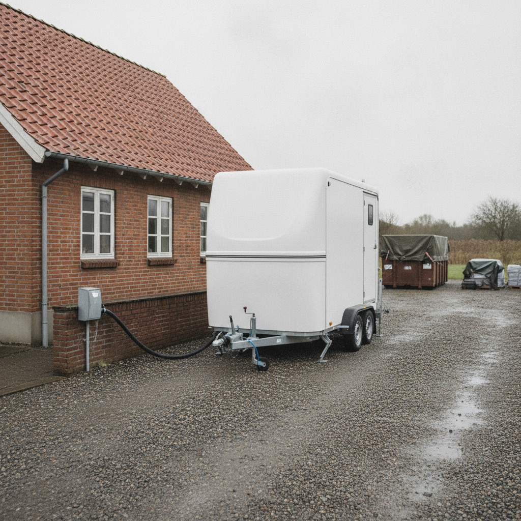toiletvogn, leje af toiletvogn, pris, tilbud, byggeplads, renovering, nedrivning, udendørs, parcelhus, villa, indkørsel, dansk bolig, mursten, rødt tegltag, container, slanger, vandtilslutning, strømtilslutning, kloak, tankløsning, levering, afhentning, hus, bolig, håndværker