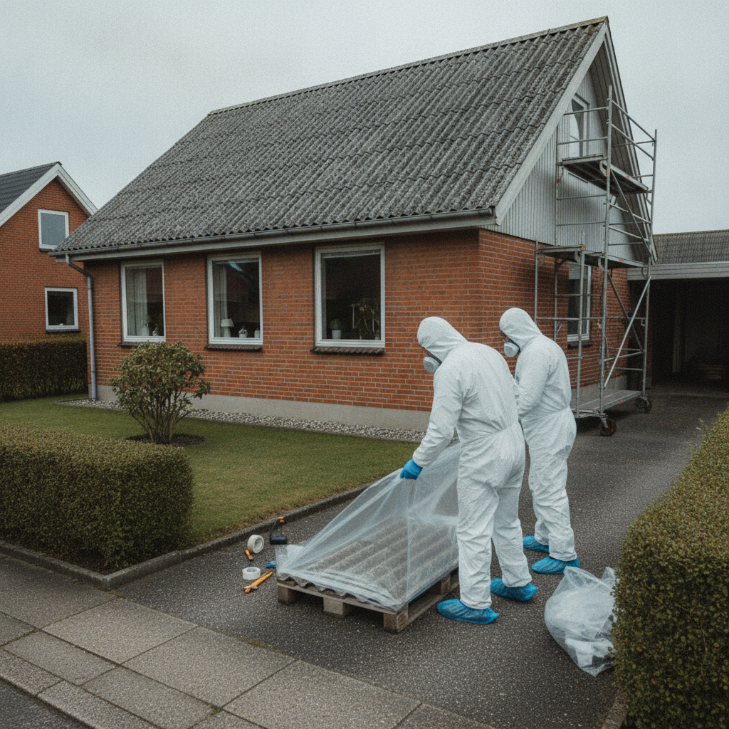 nedrivning, asbest, asbestsanering, autoriseret virksomhed, sikkerhed, værnemidler, maske, beskyttelsesdragt, udendørs, tag, eternittag, bølgeeternit, tagplader, parcelhus, mursten, byggeaffald, farligt affald, indpakning, affaldshåndtering, renovering, dansk villavej, professionel, hus, bolig, håndværker