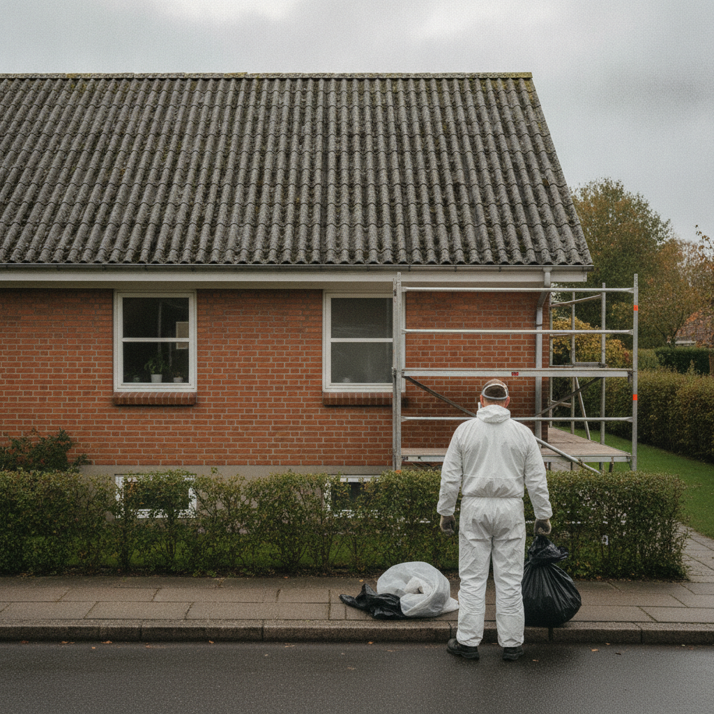 tagdækker, eternittag, asbest, asbesttag, tagmaling, rensning af tag, tagrenovering, udendørs, parcelhus, dansk forstad, mursten, bølgeplader, fibercement, alger, slidt tag, sikkerhed, værnemidler, stillads, professionel, vedligeholdelse, regler 2026, hus, bolig, håndværker, pris, tilbud